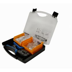 Kit de conectores de dados RJ45 - UTP Cat 6. Caixa, 50 conectores machos, 15 fêmeas, 10 flanges, 1 crimpador Televés