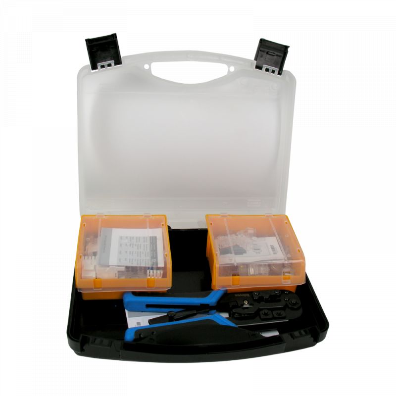 Kit de conectores de dados RJ45 - UTP Cat 6. Caixa, 50 conectores machos, 15 fêmeas, 10 flanges, 1 crimpador Televés