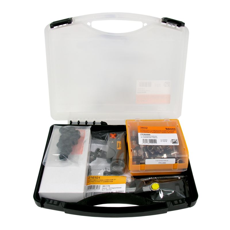 Compression Connector Kit Type F and IEC for TSH Coaxial Cables. Includes carrying case Televes