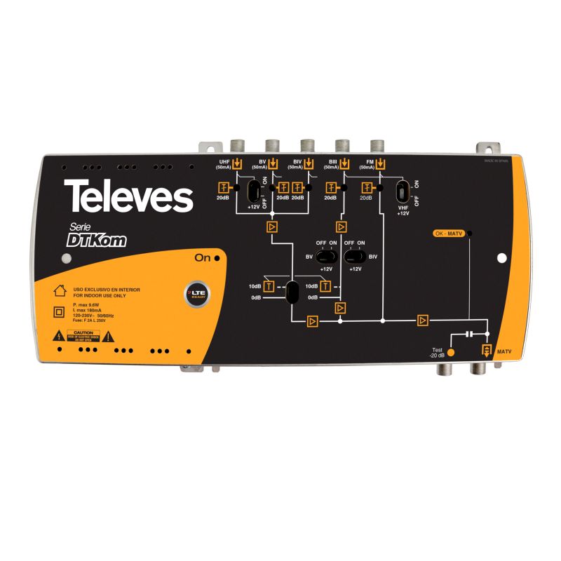 DTKom broadband multiband amplifier 5 inputs: FM-BIII-21..36-38..48-UHF LTE700 Televes