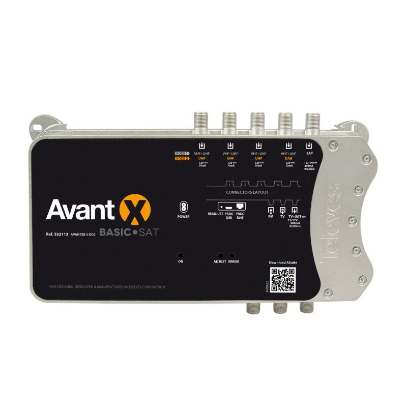 AVANT X Basic programmable multiband amplifier for terrestrial signals 6i/2o FM-4xVHF/UHF-FI or FM-DAB-3xUHF-FI LTE700 Televes