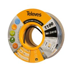 Carretel de papelão 100m Cabo coaxial T-100plus LSFH Dca Classe A 16RtC Ø 1,13/4,8/6,6mm Preto Televes