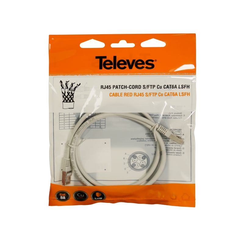 Câble Réseau RJ45 S/FTP Cat 6A Cu LSFH 1m Gris Televes