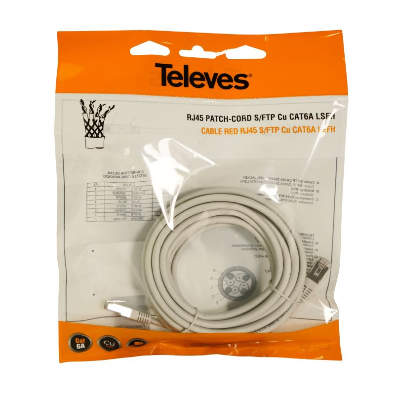 Cabo de rede RJ45 S/FTP Cat 6A Cu LSFH 5m Cinza Televes