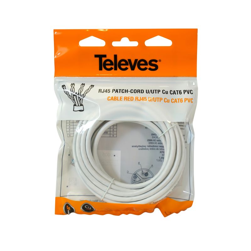 Network Cable RJ45 U/UTP Cat 6 Cu PVC 5m White Televes