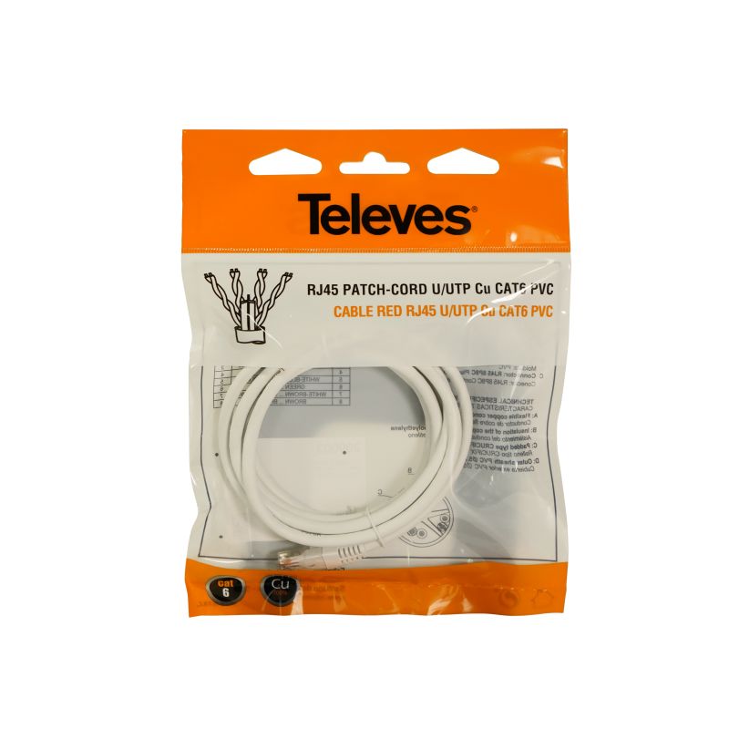 Câble Réseau RJ45 U/UTP Cat 6 Cu PVC 2m Blanc Televes