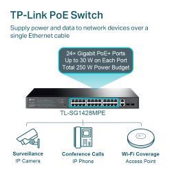 TP-LINK TL-SG1428PE switch Gestionado Gigabit Ethernet (10/100/1000) Energía sobre Ethernet (PoE) 1U Negro