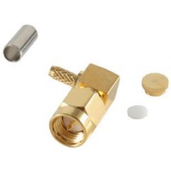 Conector SMA 90º, engarzado, versión angular, chapado en oro, RG 174 / U