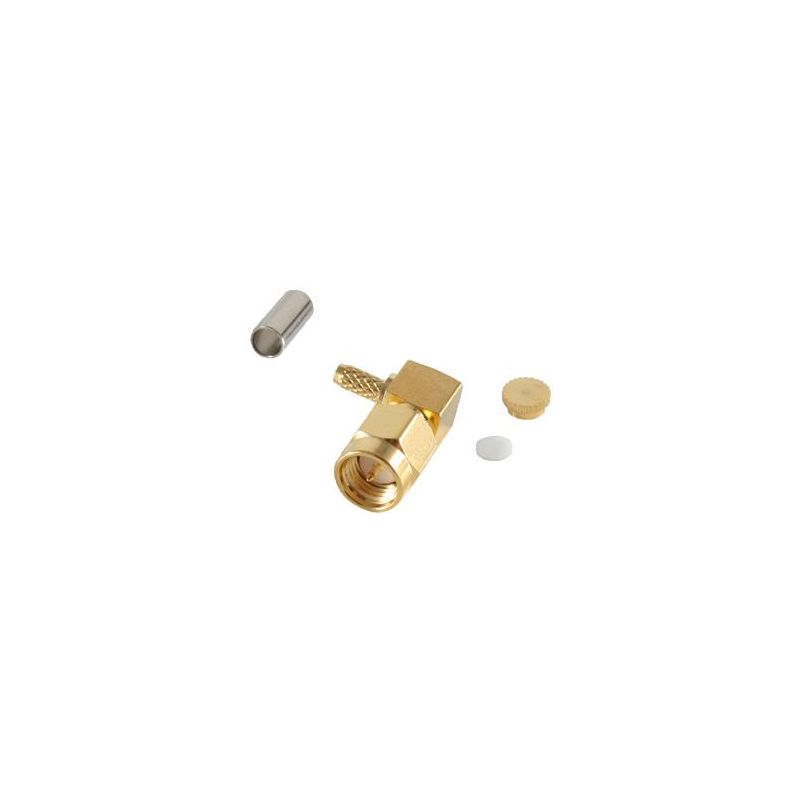 Conector SMA 90º, engarzado, versión angular, chapado en oro, RG 174 / U