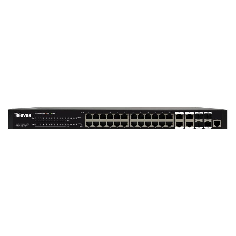 Ethernet Switch L2+: 24x Gb Ethernet (PoE+, 370W) + 4x SFP (1 Gbps) Televes