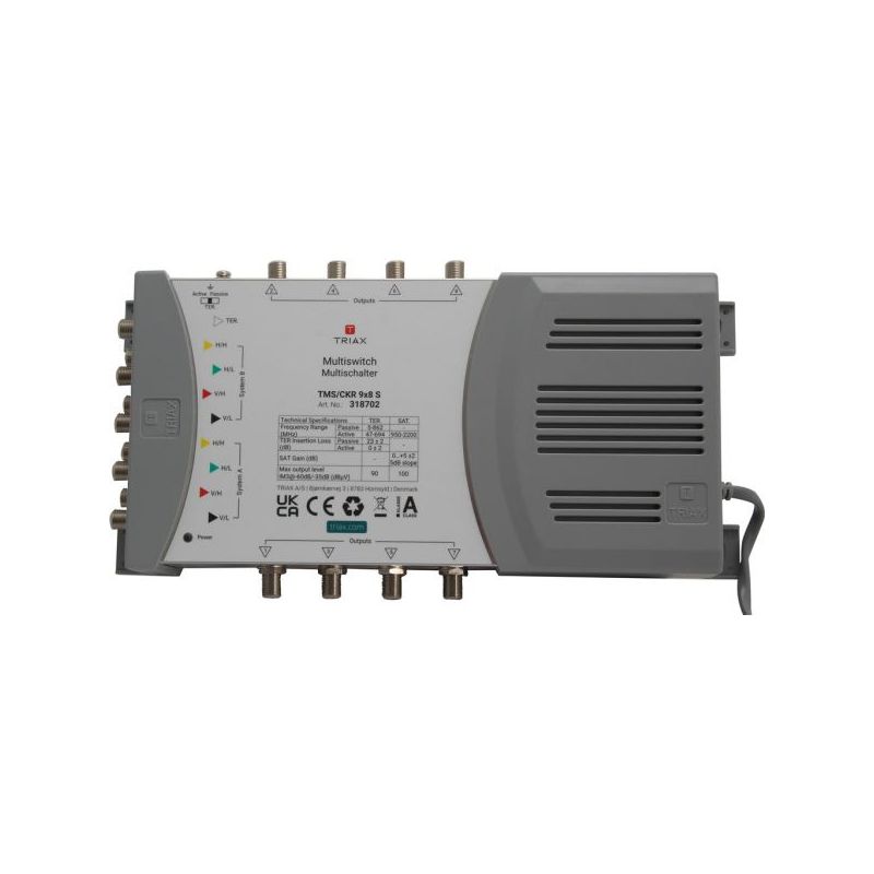 Triax TMS/CKR 9x8P Multiswitch Conmutador Final 8 polaridades + terrestre. Alimentación incluida. 9e/8s