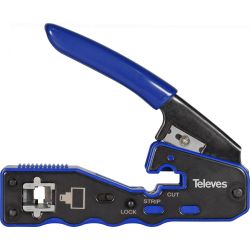 Automatic cutting crimper for through and non-through RJ45 male connectors Televes