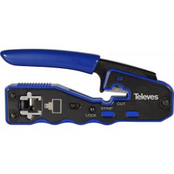 Automatic cutting crimper for through and non-through RJ45 male connectors Televes