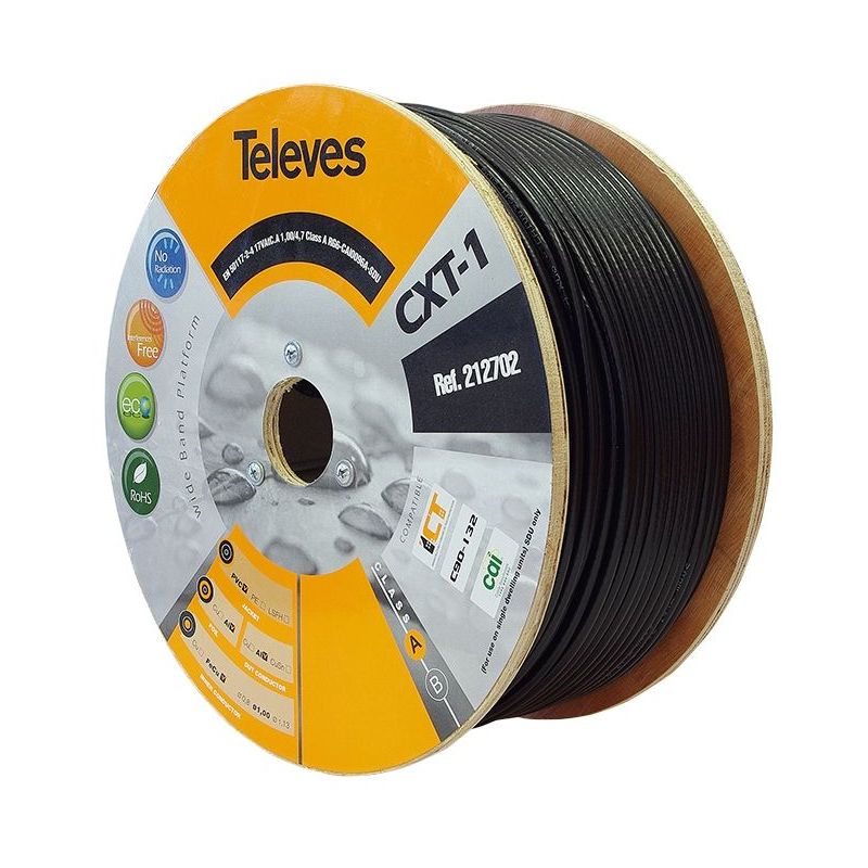 Bobina de papelão 100m cabo coaxial CXT-1 17VAtC.A Preto Televes