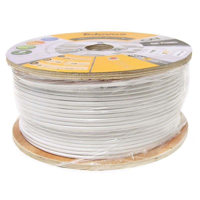 Bobina de madeira 250m cabo coaxial CXT-1 19VAtC.A Branco Televes