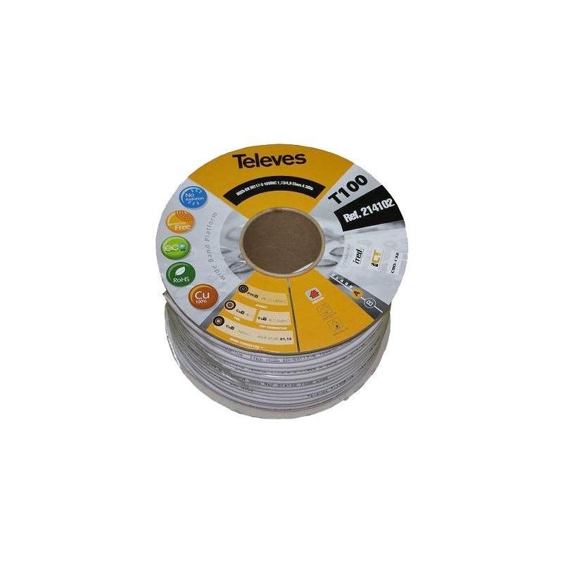 Câble coaxial 100m bobine plastique T100plus 16VRtC Blanc Televes